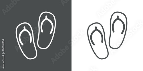 Logo flip flops. Icono plano calzado de playa con silueta de chanchas con líneas en fondo gris y fondo blanco