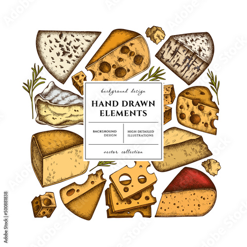 Cheese square card or invitation design. Frame design with brie, gouda cheese, roquefort, etc.