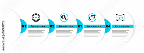 Set line Pencil sharpener, Speech bubble chat, Magnifying glass and Clock icon. Vector