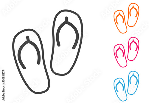 Logo flip flops. Icono plano calzado de playa con silueta de chanchas con líneas en varios colores