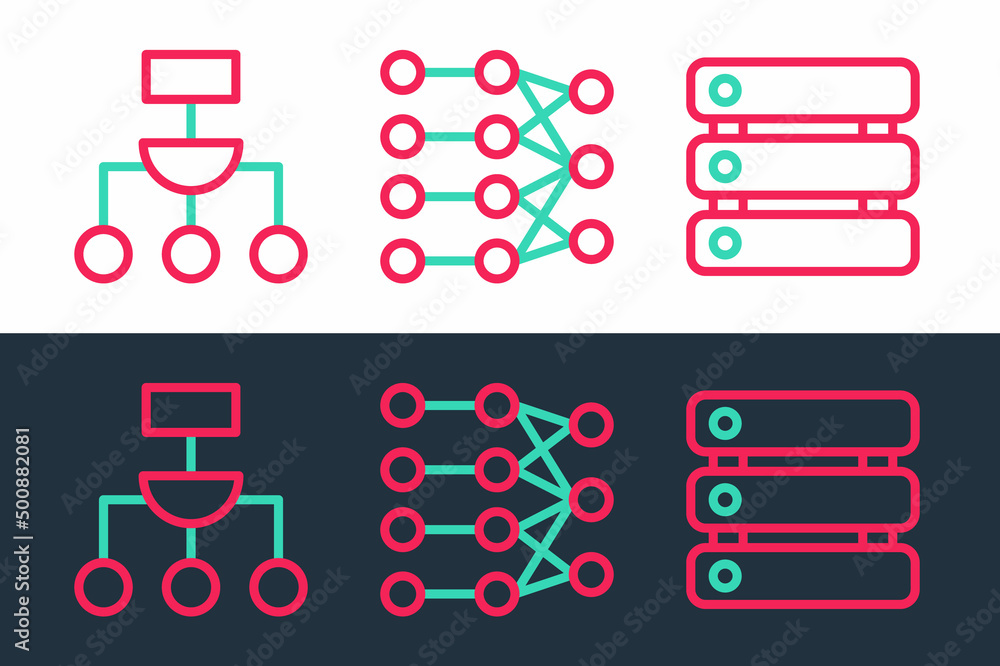 Set line Server, Data, Algorithm and Neural network icon. Vector Set line Server, Data, Algorithm and Neural network icon. Vector