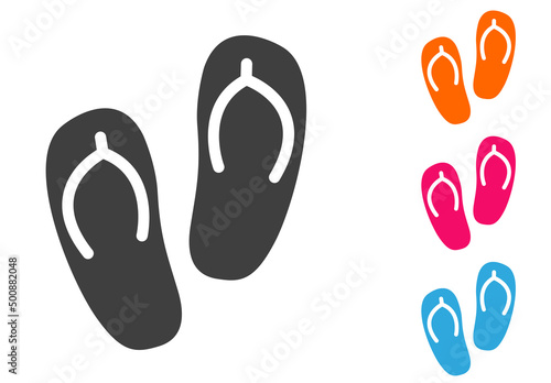 Logo flip flops. Icono plano calzado de playa con silueta de chanchas en varios colores