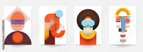 Set of minimal template in geometric bauhaus retro style design for branding with abstract simple shapes element. Modern background for cover, banner. Portrait silhouette. Fashion vector illustration.