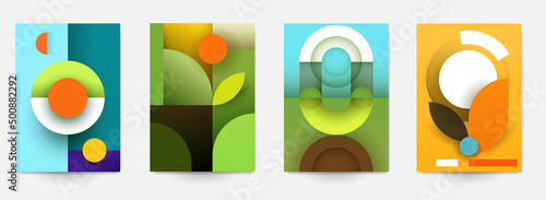 Set of minimal template in geometric bauhaus retro style design for branding with abstract simple shapes element. Modern background for cover, banner. Nature silhouette. Fashion vector illustration.