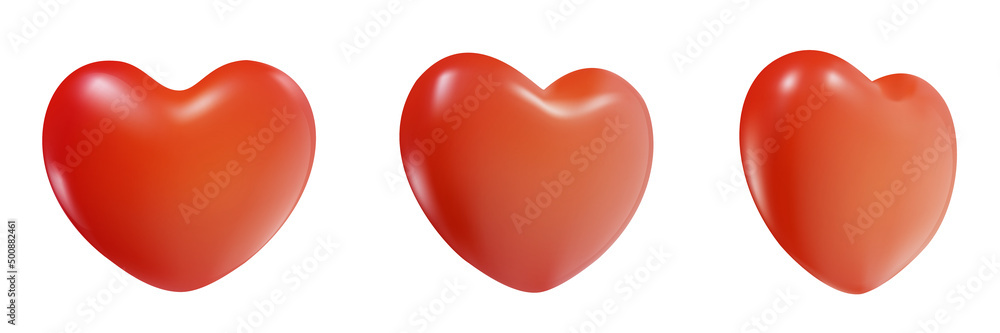 Set 3d cartoon red glossy heart different view isolated on white background. Minimal realistic design element for game. Vector illustration.