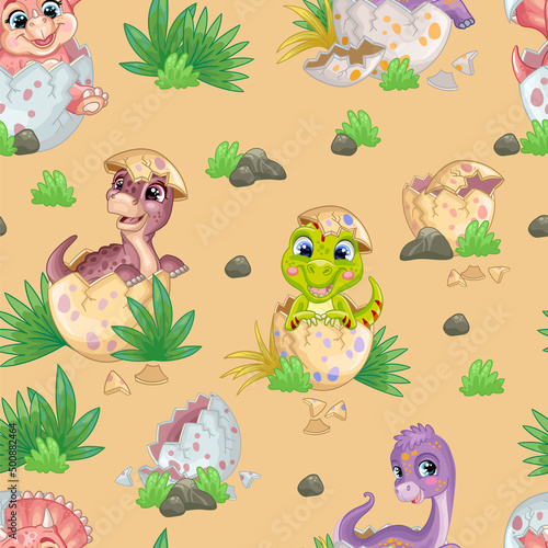 Seamless tropical pattern with cute brontosaurus in egg vector