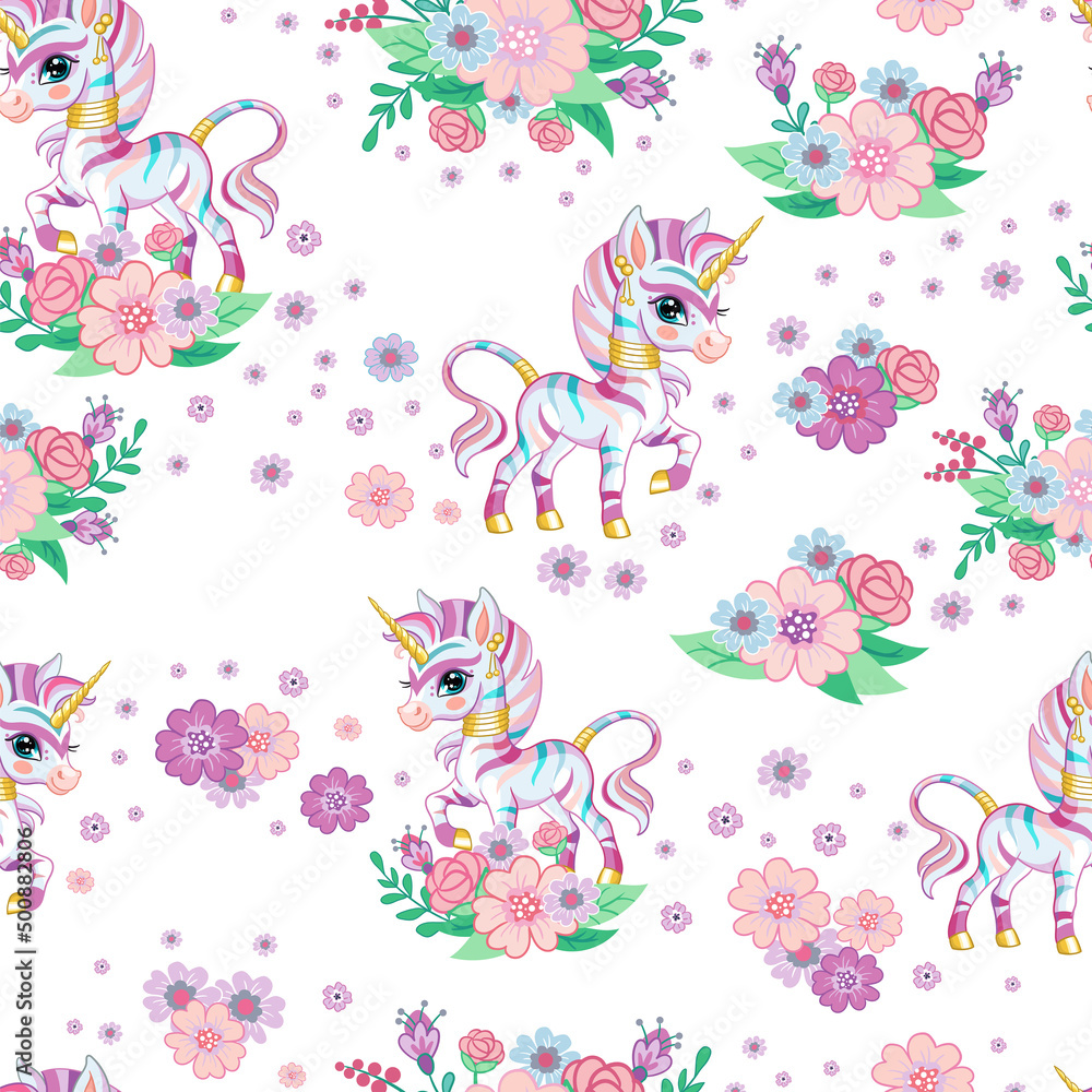Seamless vector pattern with happy rainbow zebra and flowers