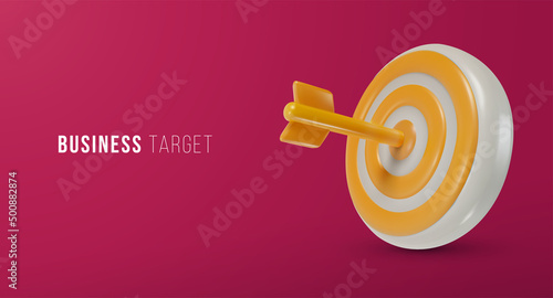 3d cartoon dart arrow hit on center isolated on red background. Minimal realistic design element. Banner template for success business, strategy, marketing. Cute soft toy. Vector illustration.