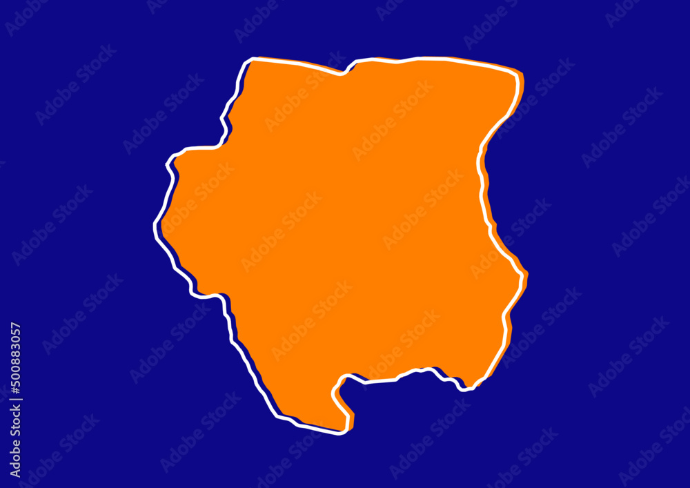 Outline map of Suriname, stylized concept map of Suriname. Orange map on blue background.