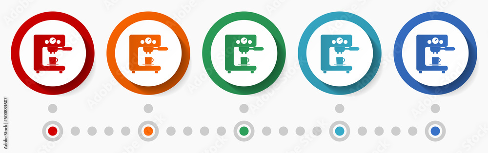 Coffee machine concept vector icon set, infographic template, flat design circle colorful web buttons in 5 color options Coffee machine concept vector icon set, infographic template, flat design circle colorful web buttons in 5 color options