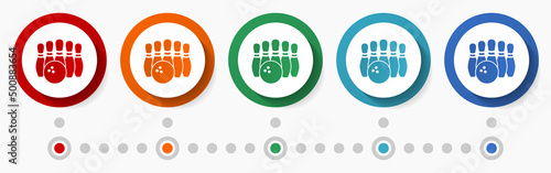 Bowling concept vector icon set, infographic template, flat design circle colorful web buttons in 5 color options