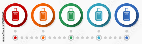 Travel suitcase concept vector icon set, infographic template, flat design circle colorful web buttons in 5 color options
