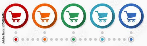 Shopping cart concept vector icon set, infographic template, flat design circle colorful web buttons in 5 color options