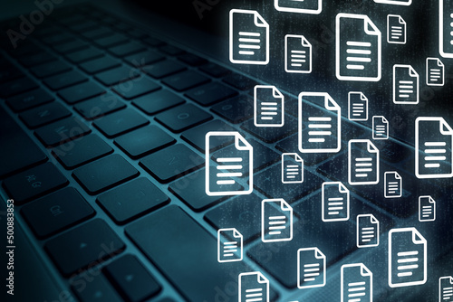 Laptop keyboard with Document Management System (DMS) concept. Process automation to efficiently manage files. 