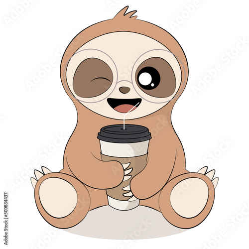 cute sloth drinking coffee