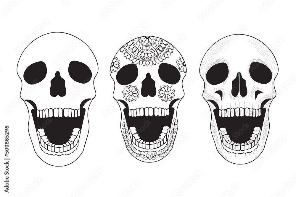 Set of skull in hand drawn vector design.