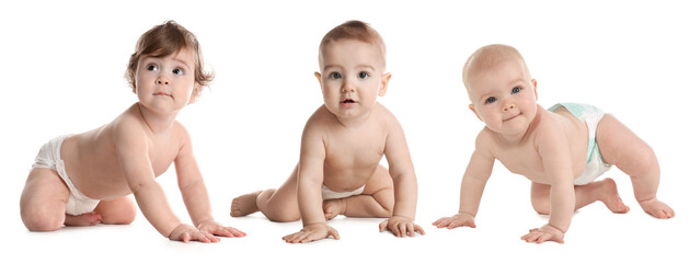 Collage with photos cute little babies crawling on white background. Banner design