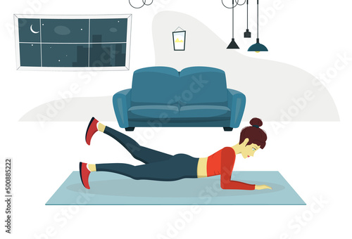 Woman doing fitness in exercise at home. The concept of going in for sports. Beautiful girl is engaged in fitness in plank with emphasis on elbows with leg lift pose. Vector flat cartoon illustration