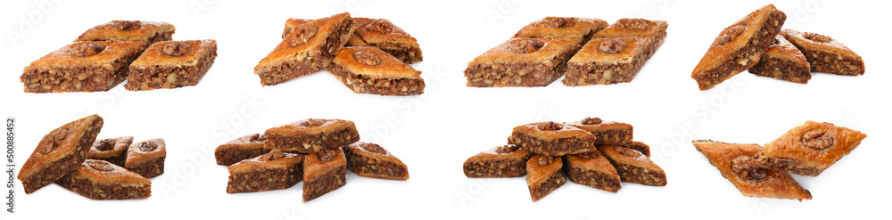 Delicious baklava with walnuts on white background, collage. Banner design Delicious baklava with walnuts on white background, collage. Banner design