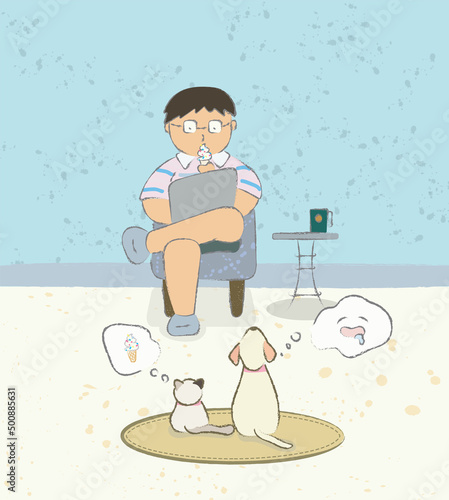 Dog and cat are focusing on owner's ice cream at home in flat cute cartoon illustration art design