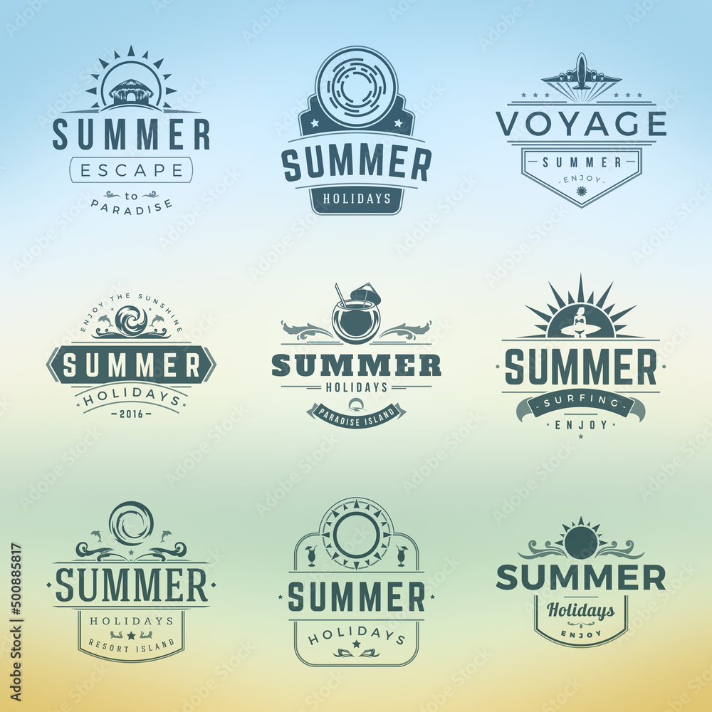 Summer holidays labels or badges retro typography vector design templates set. Silhouettes and icons for posters, greeting cards and advertising.