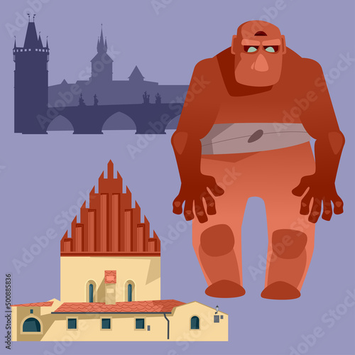 A Golem (anthropomorphic being in Jewish folklore created from clay or mud), Old New Synagogue and Charles Bridge. Prague, Czech Republic.