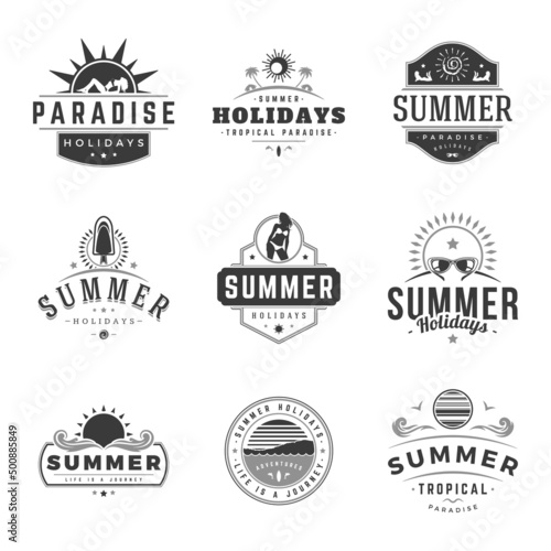 Summer holidays labels or badges retro typography vector design templates set. Silhouettes and icons for posters, greeting cards and advertising.