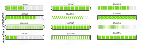 A set of green download progress icons, a speed indicator showing the status of downloading a file from the Internet. Application interface button template for games, sites. Vector illustration