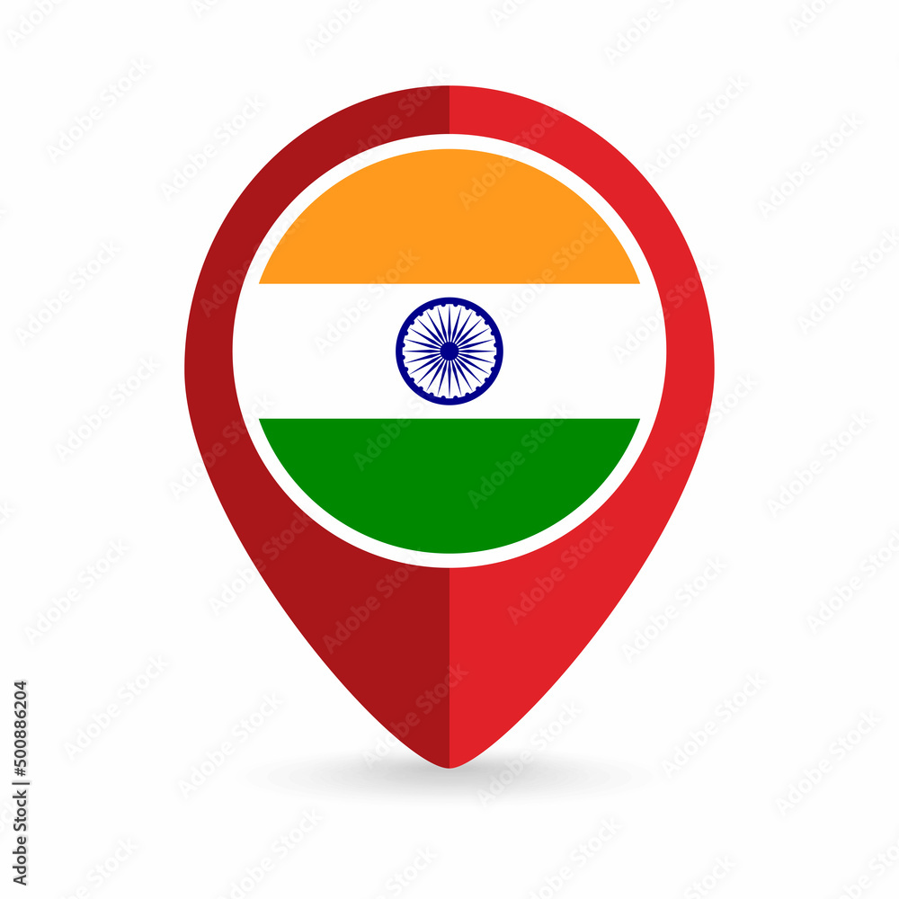 Map pointer with contry India. India flag. Vector illustration.