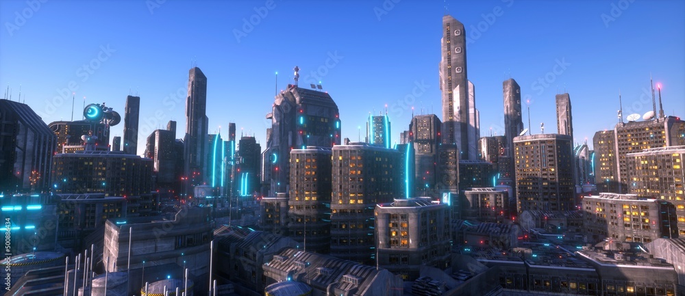 Naklejka premium Neon city of a future. Industrial zone in a futuristic city. Wallpaper in a cyberpunk style. Grunge cityscape with bright neon lights and huge futuristic buildings. 3D illustration.