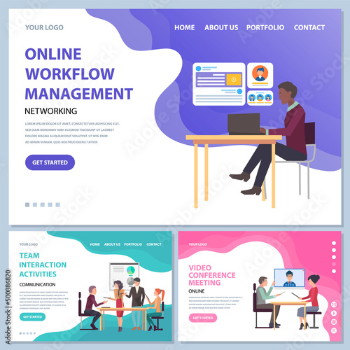 Team interaction activity, online workflow management, video conference meeting concept. People brainstorming, meeting and teambuilding. Website or webpage template, landing page flat style