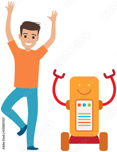 Robot dancing disco with man. Artificial intelligence, development of technology for entertainment. Male character and green robot have fun moving to rhythm of music. Party time, recreation, dance
