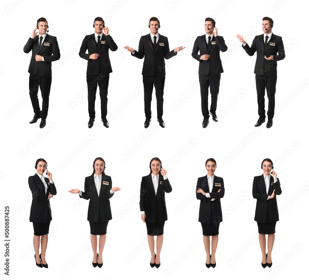 Collage with photos of receptionists on white background