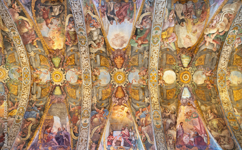 VALENCIA, SPAIN - FEBRUAR 17, 2022: The baroque ceiling fresco in the church Iglesia San Nicolas by Antonio Palomino and Dionis Vidal (1700). photo