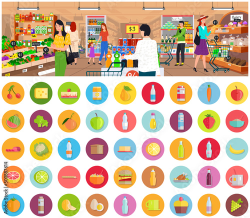 Supermarket interior, grocery shop and different types of food, dishes. Hypermarket, store for selling grocery, products. Self-service store design template. Various departments of modern supermarket