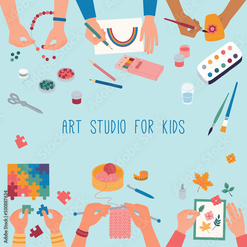 Creative art studio for kids. Top view of the table with children hands doing knitting, drawing, herbarium, beading, picking up puzzles. Hand drawn vector illustration in flat cartoon style.