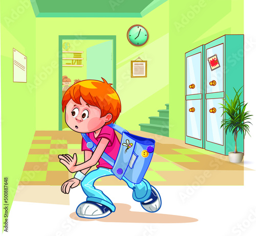 School corridor. The boy hurries to the lesson. The student is in the hallway. The boy is running. Blue briefcase. Red hair.