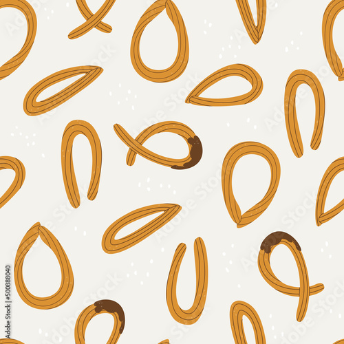 Seamless pattern with churros. Spanish traditional pastries. Endlessly repeating churros. Vector illustration for design.