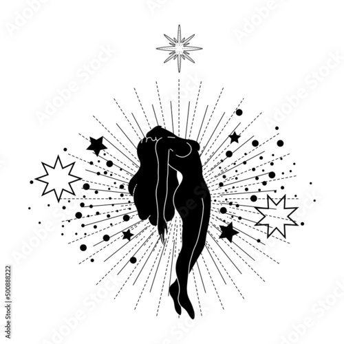 Trendy black line art composition with a woman body silhouette and celestial bodies. Vector magic woman illustration for creating posters, postcard, tarot, books, covers.