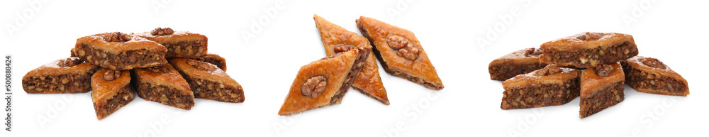 Delicious baklava with walnuts on white background, collage. Banner design