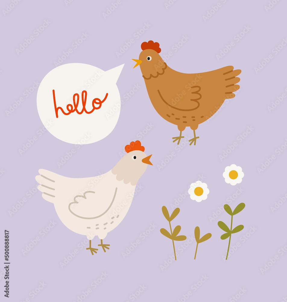 Easter concept design with hens, plants and lettering. Hand-drawn vector chickens, isolated on beige background. Spring season concept, Easter, nature.