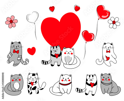 Fototapeta Naklejka Na Ścianę i Meble -  Set of cute cats in love. Vector illustration for creating design for cards, banners, posters, invitations or print. Doodle in cartoon style.