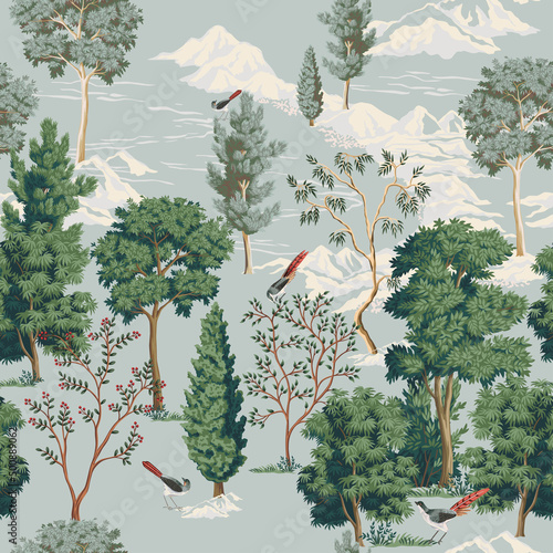 Vintage landscape, tree, birds, mountain seamless pattern. Exotic wallpaper.