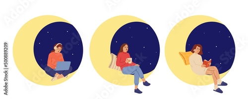 Woman insomnia. Female reading, drink tea and working or studying at night. Adults sit on moon and look in starry sky, dreaming time, vector characters