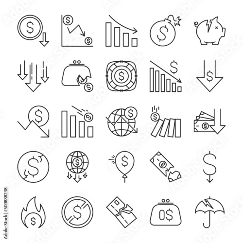 Financial crisis icon set vector isolated. Collection of line pictograms devoted to economy crash and crisis of financial system. Bancruptcy, money fall down.