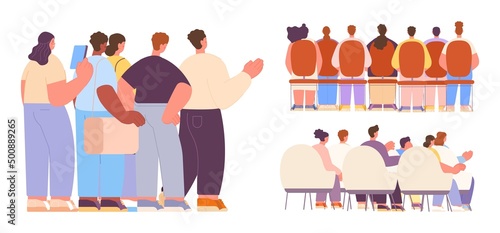Back view audience, people stand and sitting in chairs. Event or auditorium crowd. Fans meeting, students class or office seminar. Rear views persons on conference, vector set