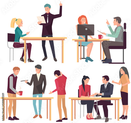 Businesspeople have project strategy planning meeting. Teamwork with business plan, creating new creative project. Meeting to discuss starting business. Colleagues discussing work in entrepreneurship
