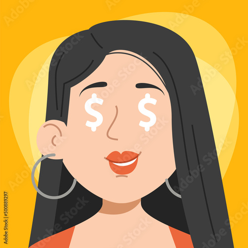 Greedy woman with dollar signs in eyes vector illustration. Person obsessed with money and finance. Wealthy character, dollars in eyes.