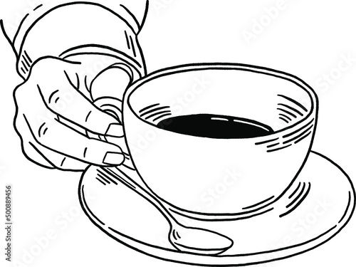 Hand with Hot Coffee cup Cafe lifestyle Hand drawn Line art Illustration