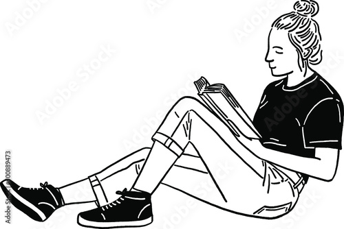 Woman reading book People Lifestyle at home Hand drawn Line art Illustration